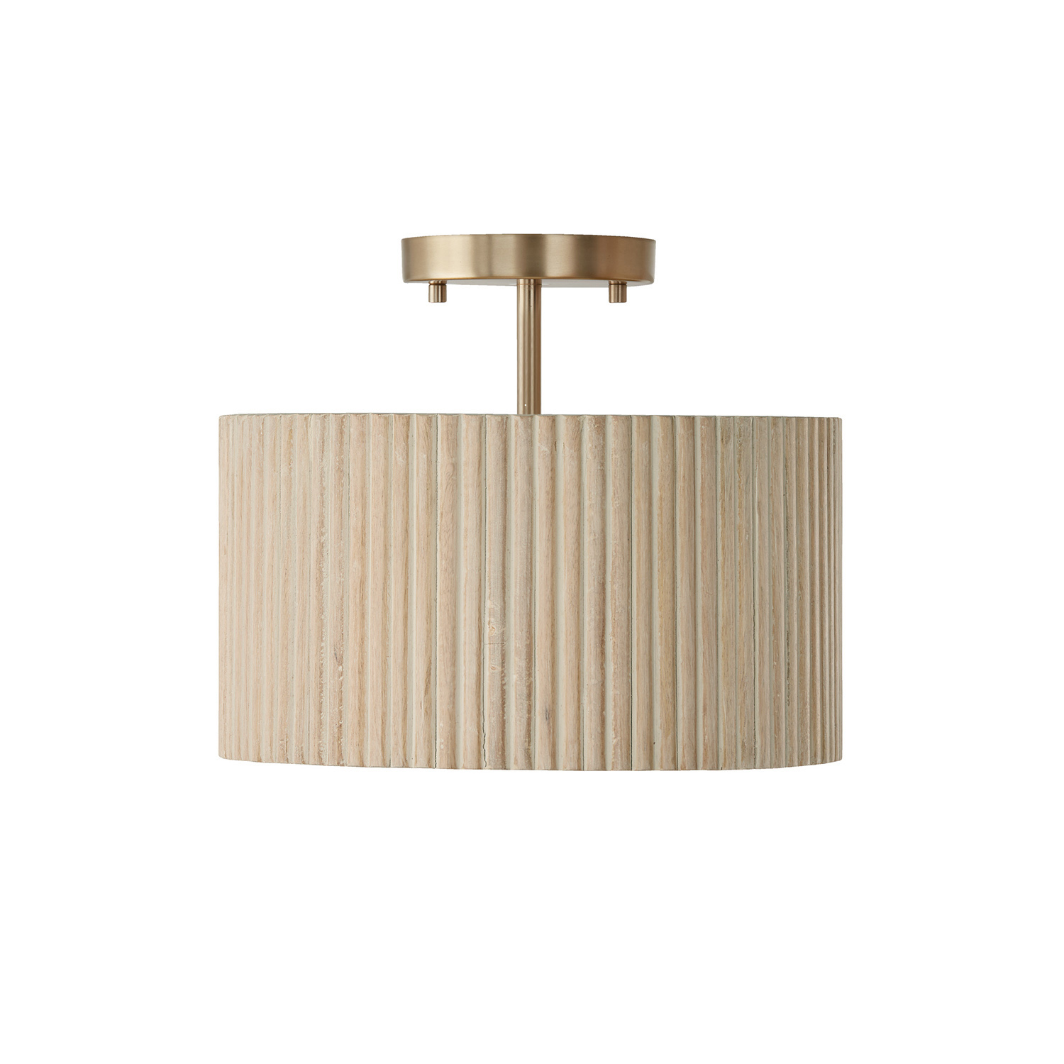 12.50"W x 11.75"H 1-Light Semi-Flush Pendant in Matte Brass and Handcrafted Mango Wood in White Wash